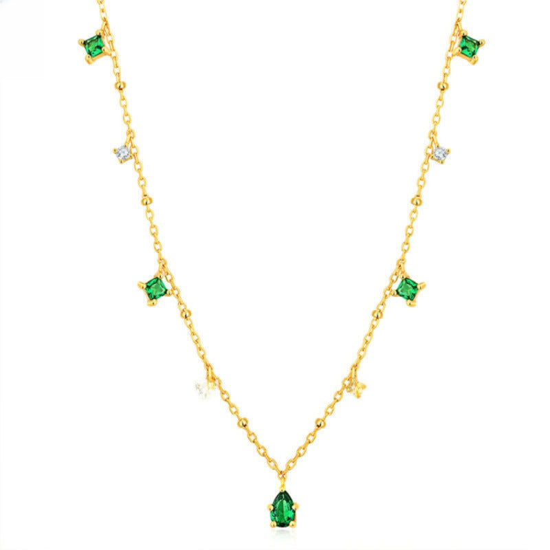 Full Diamond Catwalk Necklace Women's French Style Retro Elegant Niche Design Sense Emerald Water Drop Zircon Light Luxury Clavicle Chain