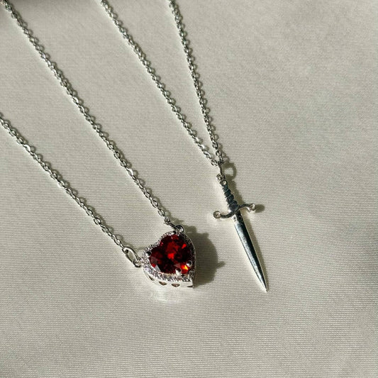 European And American Cross-border New Hot Red Crystal Love Dagger Fashion Pendant Layered French Retro Women's Necklace